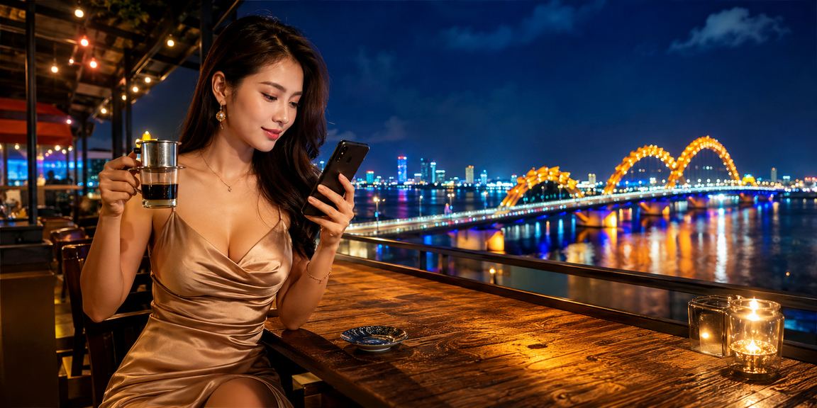Người dùng tại Đà Nẵng ngồi cà phê tra cứu kết quả xổ số trên điện thoại buổi sáng