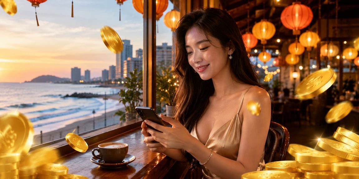 Người dùng Hội An ngồi quán cà phê tra kết quả xổ số Vietlott trên điện thoại