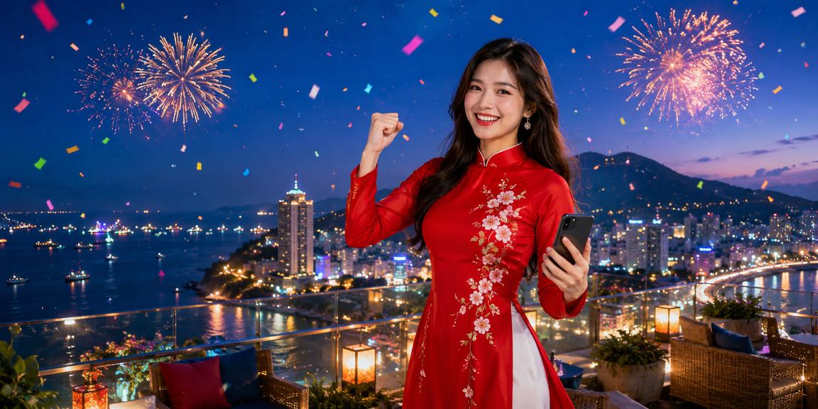 Người phụ nữ mặc áo dài tại Vũng Tàu thư giãn với điện thoại tham gia xổ số trực tuyến